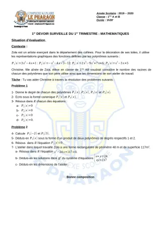 Première page de Mathématiques 1ère A, 1ère A1, 1ère A2, 1ère B — 1er devoir surveillé, 1er trimestre (2019-2020) · CPEG LE PHARAON