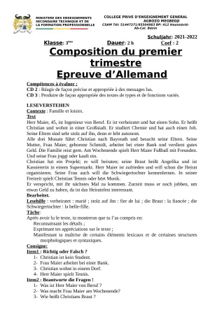 Première page de Allemand 4e, 3e ML, 2nde A2, 2nde B, 1ère A2, 1ère B, Tle A2, Tle B — 2e composition, 1er trimestre (2021-2022) · CPEG AGBOZO MEGBEDJI