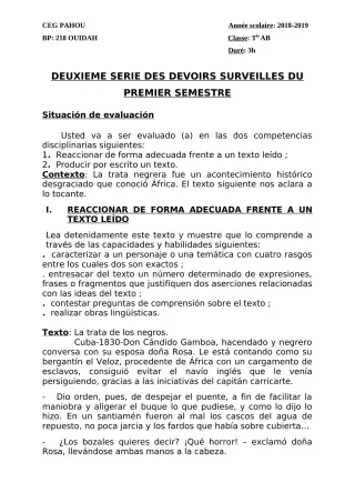 Première page de Espagnol Tle A1, Tle A2, Tle B — 2e devoir surveillé, 1er semestre (2018-2019) · CEG PAHOU