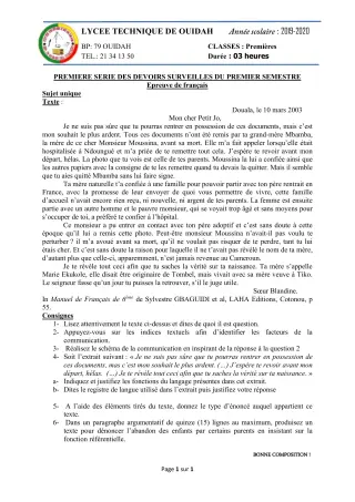 Première page de Français 1ère BTP, 1ère DPB, 1ère EL, 1ère F1, 1ère F2, 1ère F3, 1ère F4, 1ère G1, 1ère G2, 1ère G3, 1ère OG — 1er devoir surveillé, 1er semestre (2019-2020) · LT Ouidah