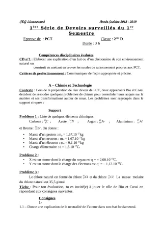 Première page de PCT 2nde D — 1er devoir surveillé, 1er semestre (2018-2019) · CEG Lissazounmè