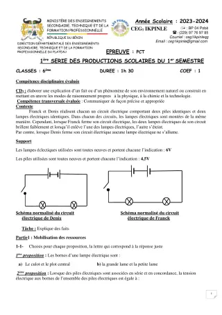 Première page de PCT 6e — 1re production scolaire, 1er semestre (2023-2024) · CEG1 Ikpinlè