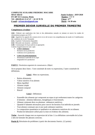 Première page de SVT 6e, 5e, 4e — 1er devoir surveillé, 1er trimestre (2019-2020) · CPEG Frédéric Macaire