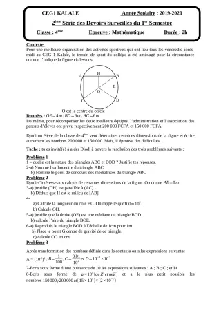 Première page de Mathématiques 4e — 2e devoir surveillé, 1er semestre (2019-2020) · CEG1 Kalalé