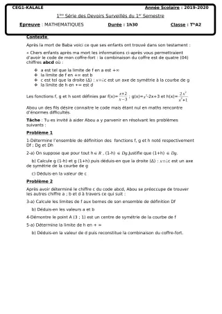 Première page de Mathématiques Tle A2 — 1er devoir surveillé, 1er semestre (2019-2020) · CEG1 Kalalé