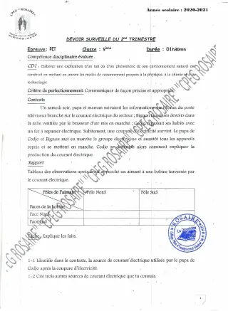 Première page de PCT 5e — 1er devoir surveillé (2020-2021) · CPEG ROSAIRE