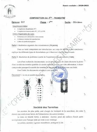 Première page de SVT 5e — 1re composition, 1er trimestre (2020-2021) · CPEG ROSAIRE