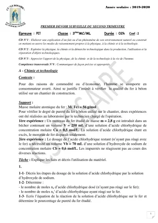 Première page de PCT 3e, 3e ML — 1er devoir surveillé, 2e trimestre (2019-2020) · CPEG ROSAIRE