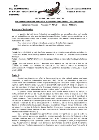Première page de Français 1ère A, 1ère A1, 1ère A2, 1ère B, 1ère C, 1ère D — 2e évaluation sommative, 2e semestre (2019-2020) · CEG Dantokpa