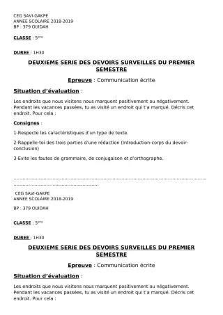 Première page de Français 5e — 2e devoir surveillé, 1er semestre (2018-2019) · CEG SAVI GAKPE