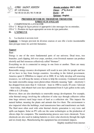 Première page de Anglais 4e, 2nde A2, 2nde B, 2nde C, 2nde D — 1er devoir surveillé, 3e trimestre (2021-2022) · CPEG SAINT Justin