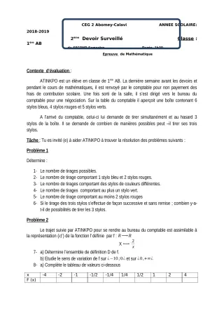 Première page de Mathématiques 1ère A2, 1ère B — 2e devoir surveillé, 2e semestre (2018-2019) · CEG2 ABOMEY - CALAVI (CEG ZOCA)