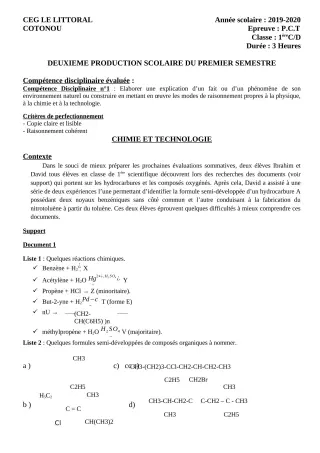 Première page de PCT 1ère C, 1ère D — Évaluation sommative, 1er semestre (2019-2020) · CEG Le Littoral