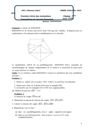 Première page de Mathématiques 5e — 1re évaluation sommative, 2e semestre (2022-2023) · CEG2 ABOMEY - CALAVI (CEG ZOCA)