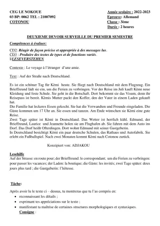 Première page de Allemand 3e, 3e ML — 2e devoir surveillé, 1er semestre (2022-2023) · CEG LE NOKOUE