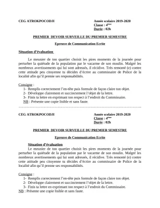 Première page de Français 4e, 4e ML — 1er devoir surveillé, 1er semestre (2019-2020) · CEG ATROKPOCODJI