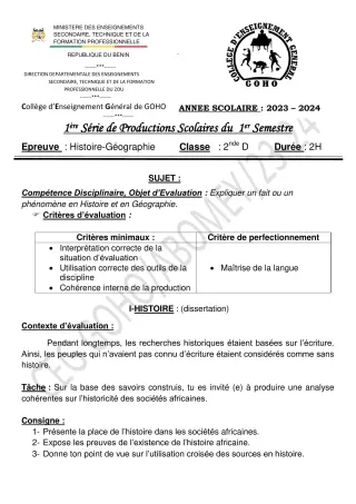 Première page de Histoire-Géographie 2nde D — 1re production scolaire, 1er semestre (2023-2024) · CEG GOHO