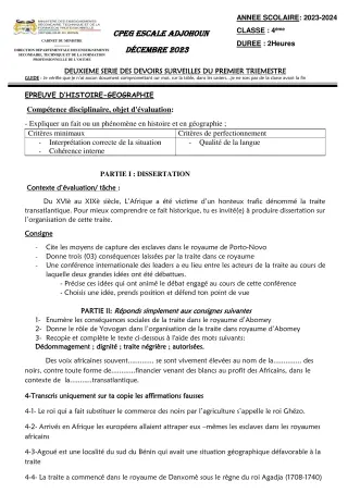 Première page de Histoire-Géographie 4e, 3e, 1ère A2 — 2e devoir surveillé (2023-2024) · CPEG ESCALE