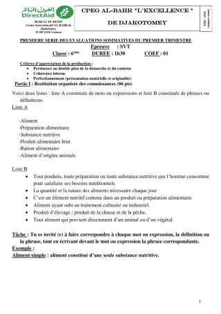 Première page de SVT 6e, 5e — 1re évaluation sommative, 1er trimestre (2023-2024) · CPEG L'EXCELLENCE