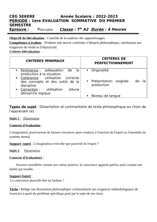 Première page de Philosophie Tle A2 — 1re évaluation sommative, 1er semestre (2022-2023) · CEG SEKERE