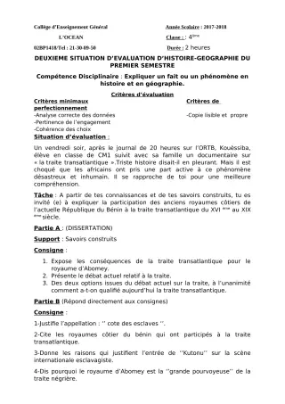 Première page de Histoire-Géographie 4e, 2nde A, 2nde B — 1er semestre (2017-2018) · CEG l'Océan