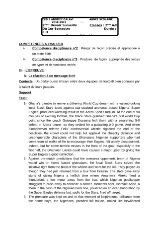 Première page de Anglais 2nde A, 2nde B — 2e devoir surveillé, 1er semestre (2018-2019) · CEG2 ABOMEY - CALAVI (CEG ZOCA)