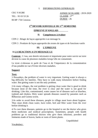 Première page de Anglais 4e — 1er devoir surveillé, 1er semestre (2019-2020) · CEG Yagbe