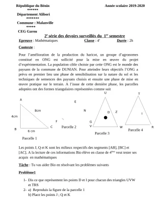 Première page de Mathématiques 4e — 2e devoir surveillé, 1er semestre (2019-2020) · CEG GAROU