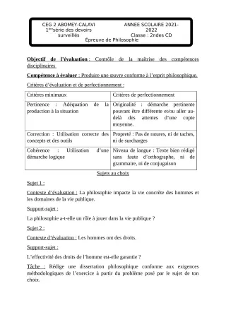 Première page de Philosophie 2nde C — Devoir surveillé, 2e semestre (2021-2022) · CEG2 ABOMEY - CALAVI (CEG ZOCA)