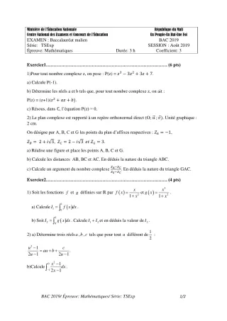 Première page de Épreuve BAC 2019 mathématiques série TSEXP Mali