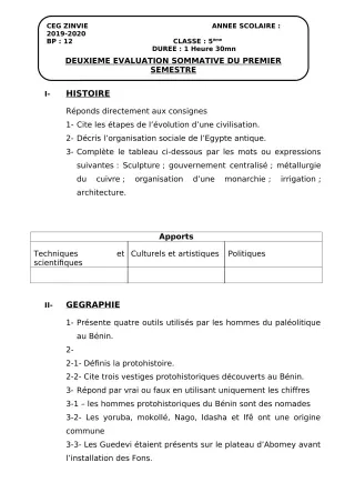 Première page de Histoire-Géographie 5e — 2e évaluation sommative, 1er semestre (2019-2020) · CEG Zinvié