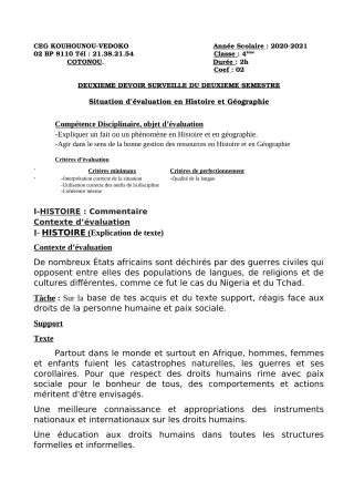 Première page de Histoire-Géographie 4e — 2e devoir surveillé, 2e semestre (2020-2021) · CEG Kouhounou-Vêdoko