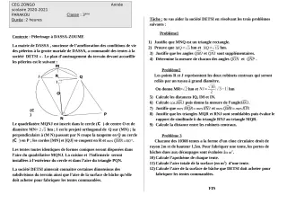 Première page de Mathématiques 3e, 3e ML — 2e devoir surveillé, 1er semestre (2020-2021) · CEG ZONGO