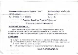 Première page de Français 6e — Composition, 1er trimestre (2019-2020) · CPEG SEGUIN SENGHOR