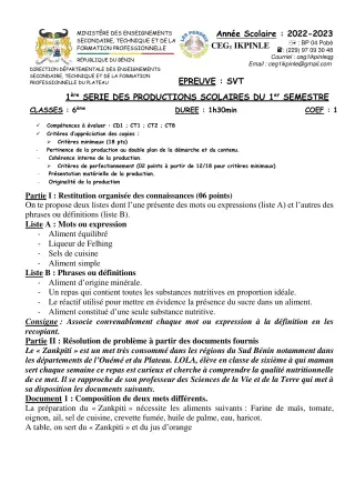 Première page de SVT 6e, 5e, 4e, 4e ML, 3e, 3e ML, 2nde A, 2nde A1, 2nde A2, 2nde C, 2nde D, 1ère A, 1ère A1, 1ère A2, 1ère C, 1ère D, Tle A1, Tle A2, Tle C, Tle D — 1re production scolaire, 1er semestre (2022-2023) ·