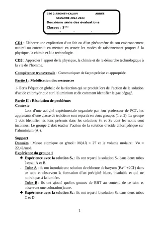 Première page de PCT 3e — 2e évaluation sommative, 1er semestre (2022-2023) · CEG2 ABOMEY - CALAVI (CEG ZOCA)