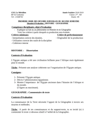 Première page de Histoire-Géographie 2nde A & B — 1er devoir surveillé, 2e semestre (2018-2019) · CEG Le Méridien