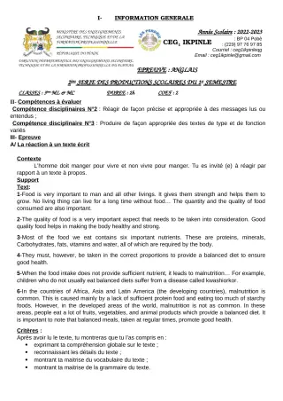 Première page de Anglais 6e, 5e, 4e, 4e ML, 3e, 3e ML — 2e production scolaire, 1er semestre (2022-2023) · CEG1 Ikpinlè