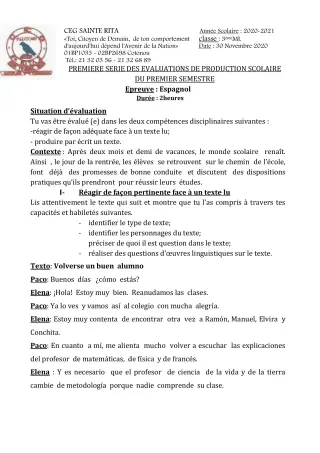 Première page de Espagnol 4e ML, 3e ML, 2nde A2, 2nde B, 1ère A2, 1ère B, Tle A2, Tle B — Production scolaire, 1er semestre (2020-2021) · CEG Sainte Rita
