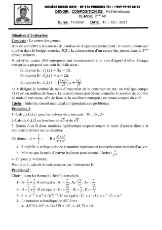 Première page de Mathématiques 2nde A1, 2nde A2, 2nde B — Composition (2020-2021) · CPEG Roger LAFIA