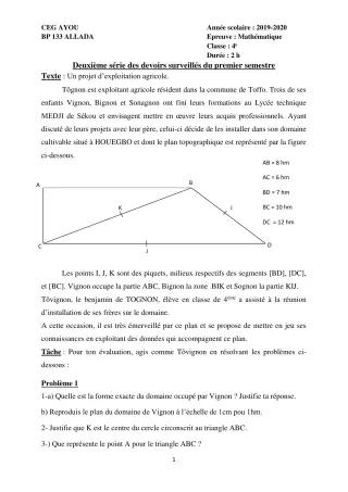 Première page de Mathématiques 4e ML&MC — 2e devoir surveillé, 1er semestre (2019-2020) · CEG AYOU
