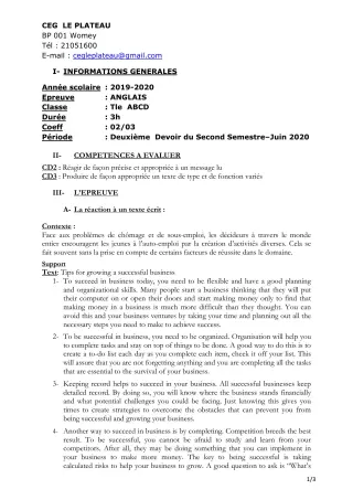 Première page de Anglais Tle A2, Tle B, Tle C, Tle D — 2e devoir surveillé, 2e semestre (2019-2020) · CEG Le Plateau
