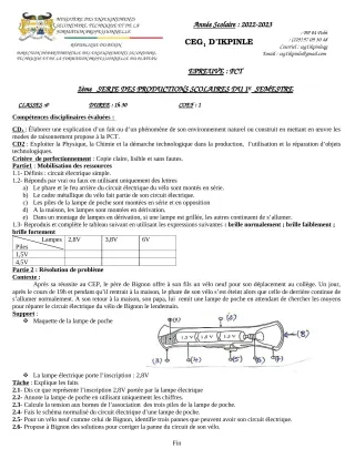 Première page de PCT 6e — 2e production scolaire, 1er semestre (2022-2023) · CEG1 Ikpinlè