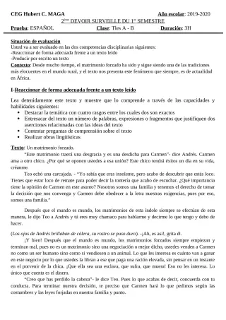 Première page de Espagnol Tle A1, Tle A2, Tle B — Devoir surveillé, 1er semestre (2019-2020) · CEG Hubert C. MAGA