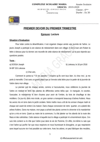 Première page de Français 6e — 1er devoir surveillé, 1er trimestre (2019-2020) · CPEG MARIA GRACIA