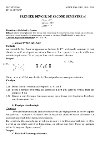 Première page de PCT 4e — 1er devoir surveillé, 2e semestre (2019-2020) · CEG Attogon