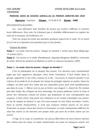 Première page de Français 1ère A1, 1ère A2, 1ère B, 1ère C, 1ère D — 1er devoir surveillé, 1er semestre (2019-2020) · CEG ZOGBO