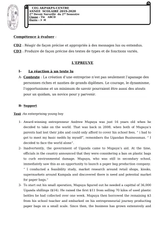 Première page de Anglais Tle A1, Tle A2, Tle B, Tle C, Tle D — 2e devoir surveillé, 2e semestre (2019-2020) · CEG 1 Akpakpa-Centre