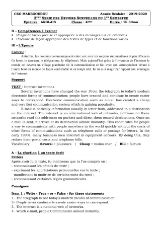 Première page de Anglais 4e ML&MC — Devoir surveillé, 1er semestre (2019-2020) · CEG MAREGOUROU