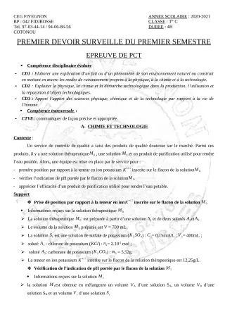 Première page de PCT Tle C — 1er devoir surveillé, 1er semestre (2020-2021) · CEG FIYEGNON